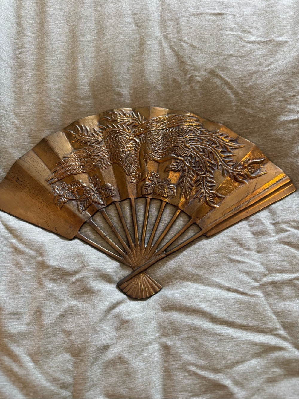 Decorative brass Fan Wall Accent with Phoenix and floral design